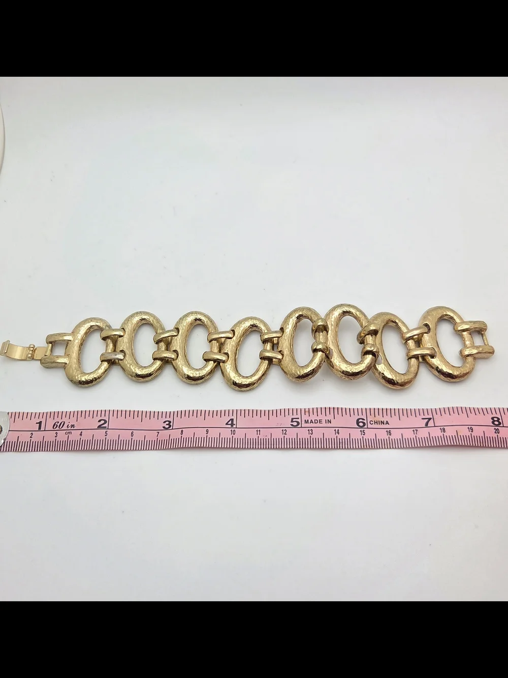 Vintage Hammered Gold Tone Oval Link Statement Bracelet